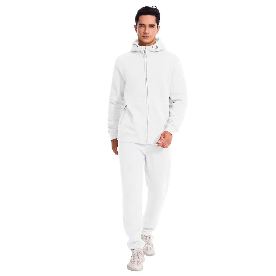 Zusmen Men's 2-Piece Tracksuit Set: Full-Zip Hoodie & Pants, White, XXL
