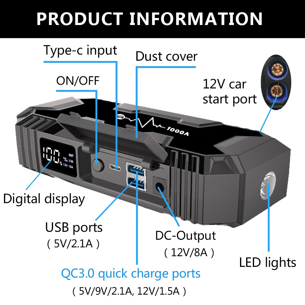 High Capacity Multi-Function Car Jump Starter thumbnail 2