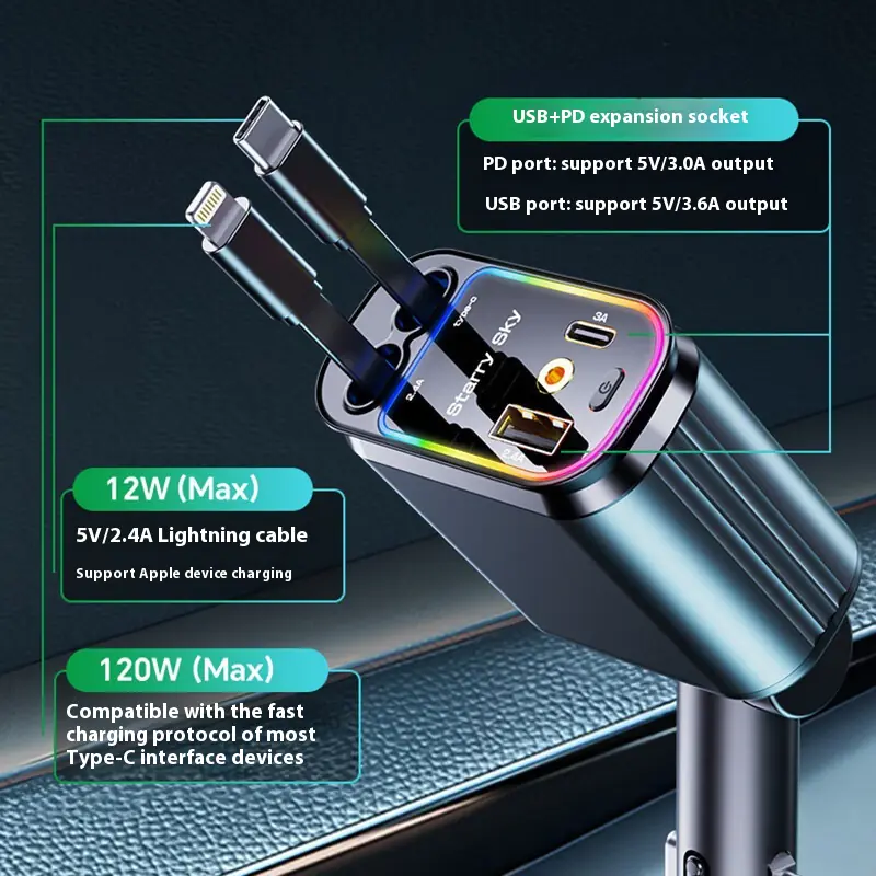120W Flexible Wire Car Charger for Type-C & Apple Devices thumbnail 5