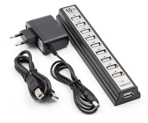 GOOJODOQ 10-Port USB 2.0 Hub with Power Adapter