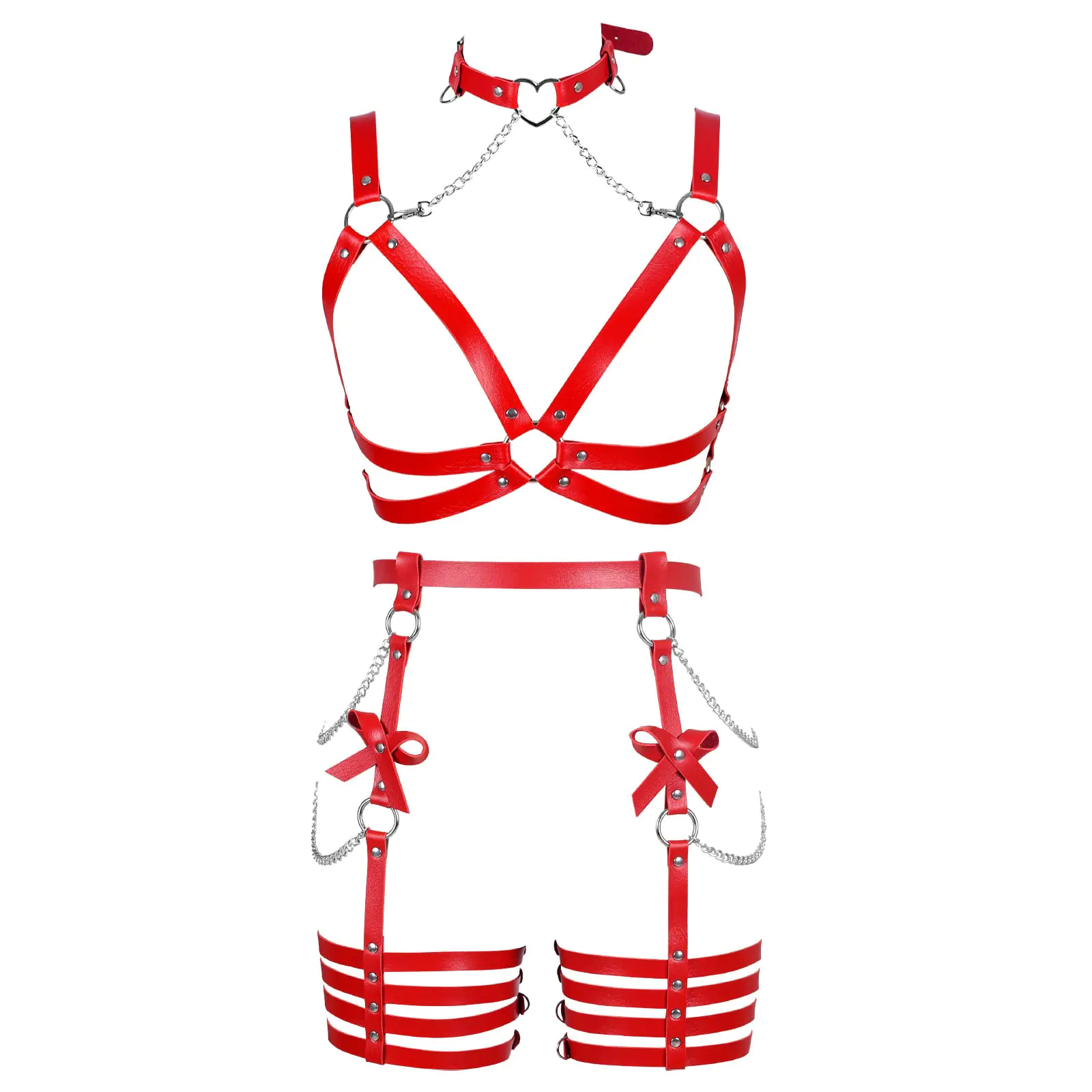 BANSSGOTH Womens Harness Leather Body Chain Bowknot Lingerie Garter Belts Set Hollow Out Christmas Dance Fashion Clothing (Red)