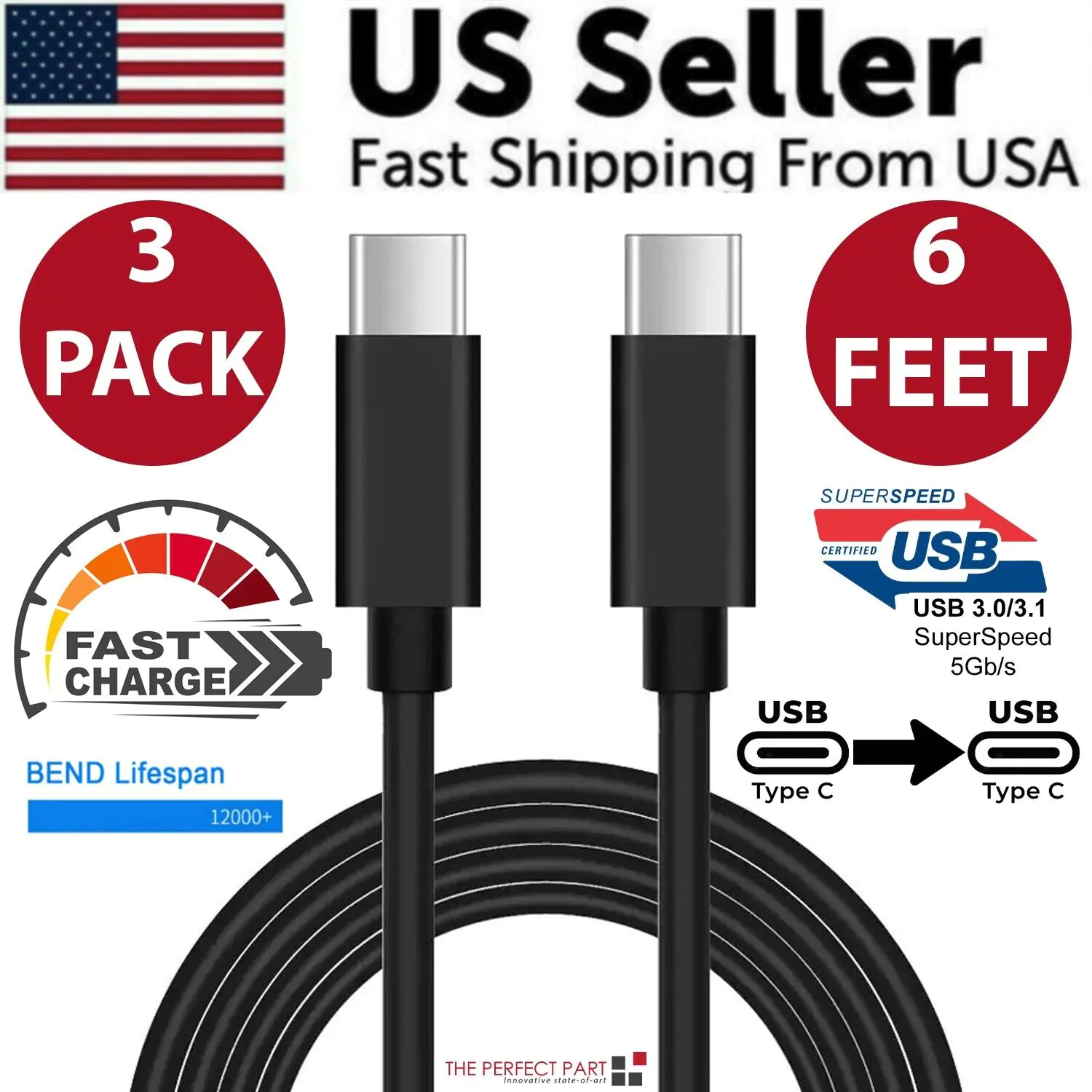 3 Pack 6FT USB-C to USB-C Cable Fast Charge Type C Charging Cord