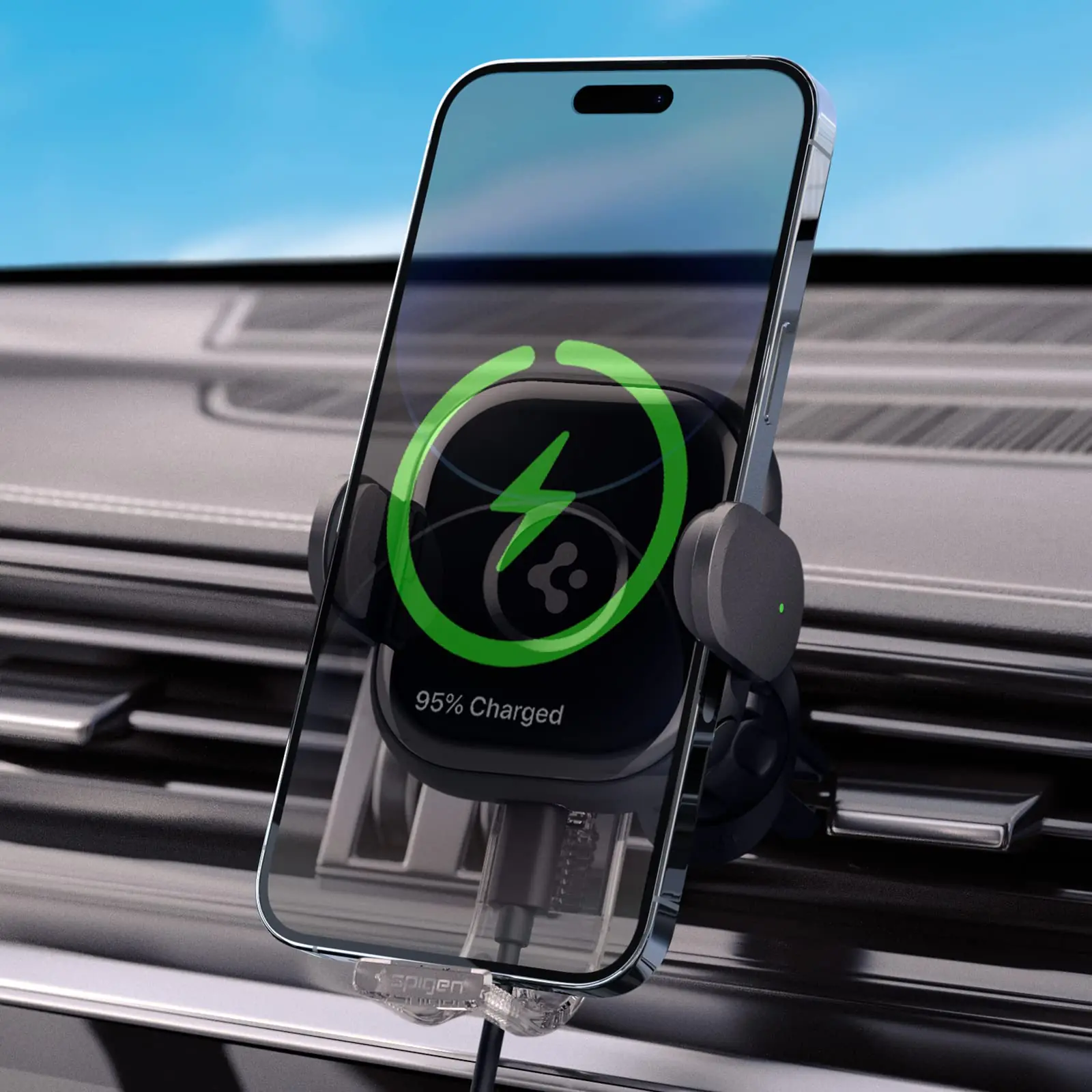 Spigen OneTap Universal Wireless Car Charger Mount 15W Fast Charging Auto-Clamp for Air Vent Silent Designed for Noiseless Mounting for iPhone Samsung and More