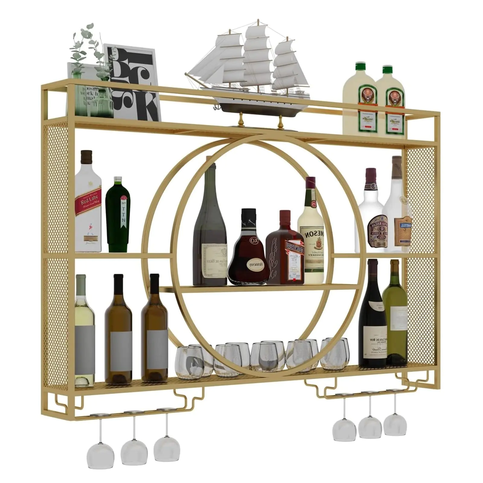 Modern Wine Storage Rack Wall Mounted With LED Light With Wine Glass HolderIron Bar Liquor ShelfFloating Wall Wine ShelvesBar Liquor Bottle Display Shelf For Kitchen Bar Decoration Gold/Black ( Col