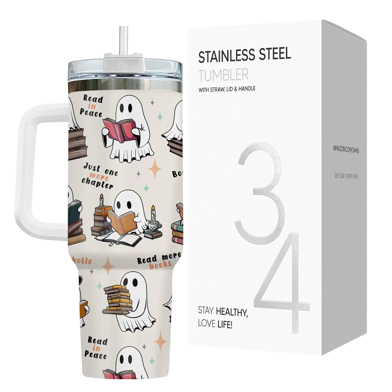 34HD Christmas Halloween Gifts for Women Ghost Reading Tumbler 40oz Handle and Straw Boo Cup Cute Ghost Mug Funny Boo Gifts for Christmas Book Lovers