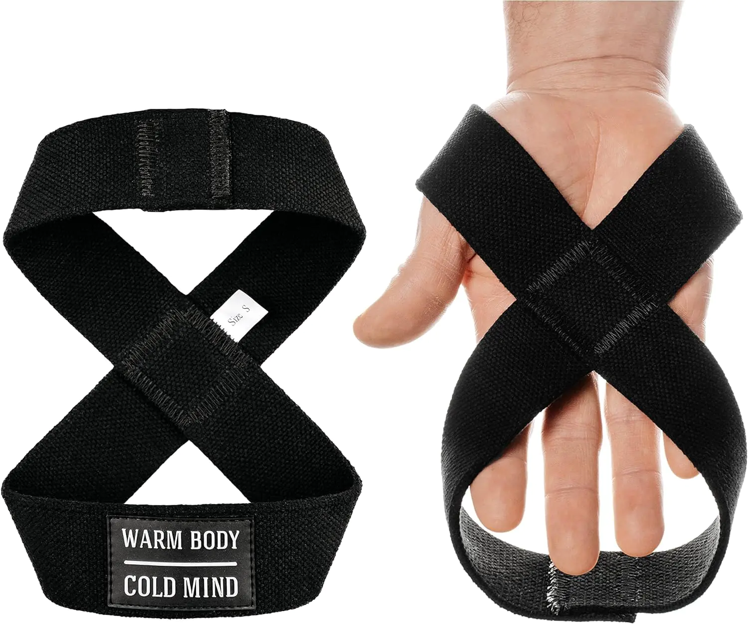 Warm Body Cold Mind Figure 8 Lifting Wrist Straps for Olympic Weightlifting - Hand Wraps for Powerlifting Weight Lifting Bodybuilding Functional/Cross Training Deadlift Gym Bar (Basic Black S)