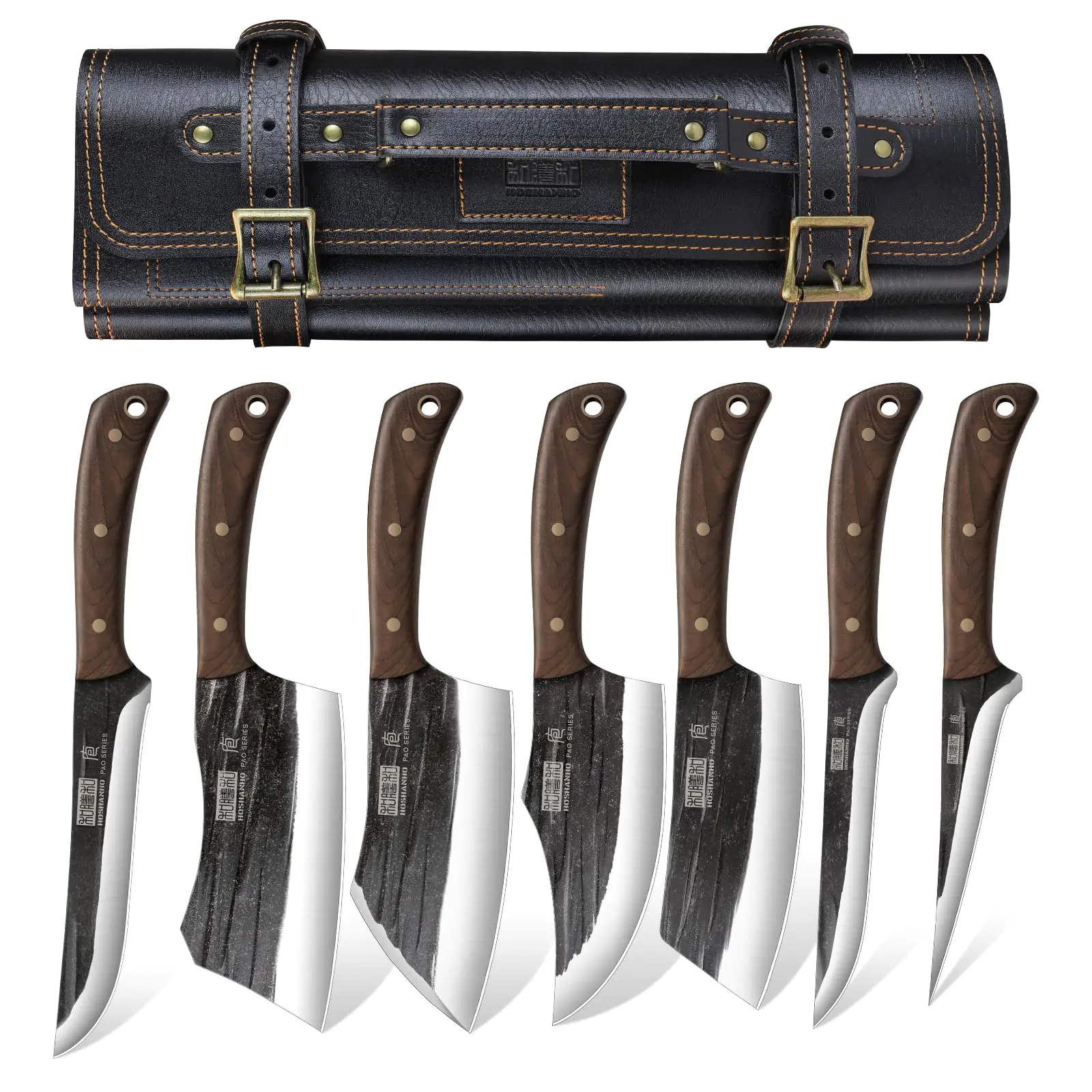 HOSHANHO Butcher Knife Set Hand Forged Butcher Chef Knife Set with Roll Bag Sharp Kitchen Knife Set of Meat Cleaver Knife Bone Chopper Knife Fillet Knife Set for Home & Camping & BBQ Gift for Men