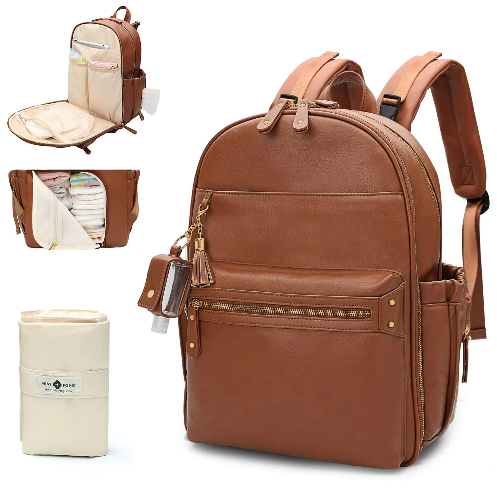 miss fong Diaper Bag Diaper Bag Backpack Baby Diaper Bag Leather Diaper Bag Backpack with Changing Pad & Stroller StrapMulti-function Large Capacity & Waterproof Travel Backpack Brown