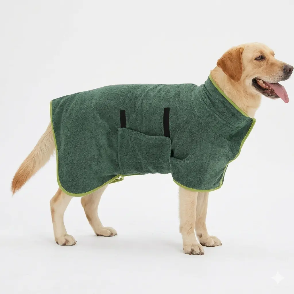 A happy golden retriever wearing a Pawbe microfiber drying robe, dry and cozy