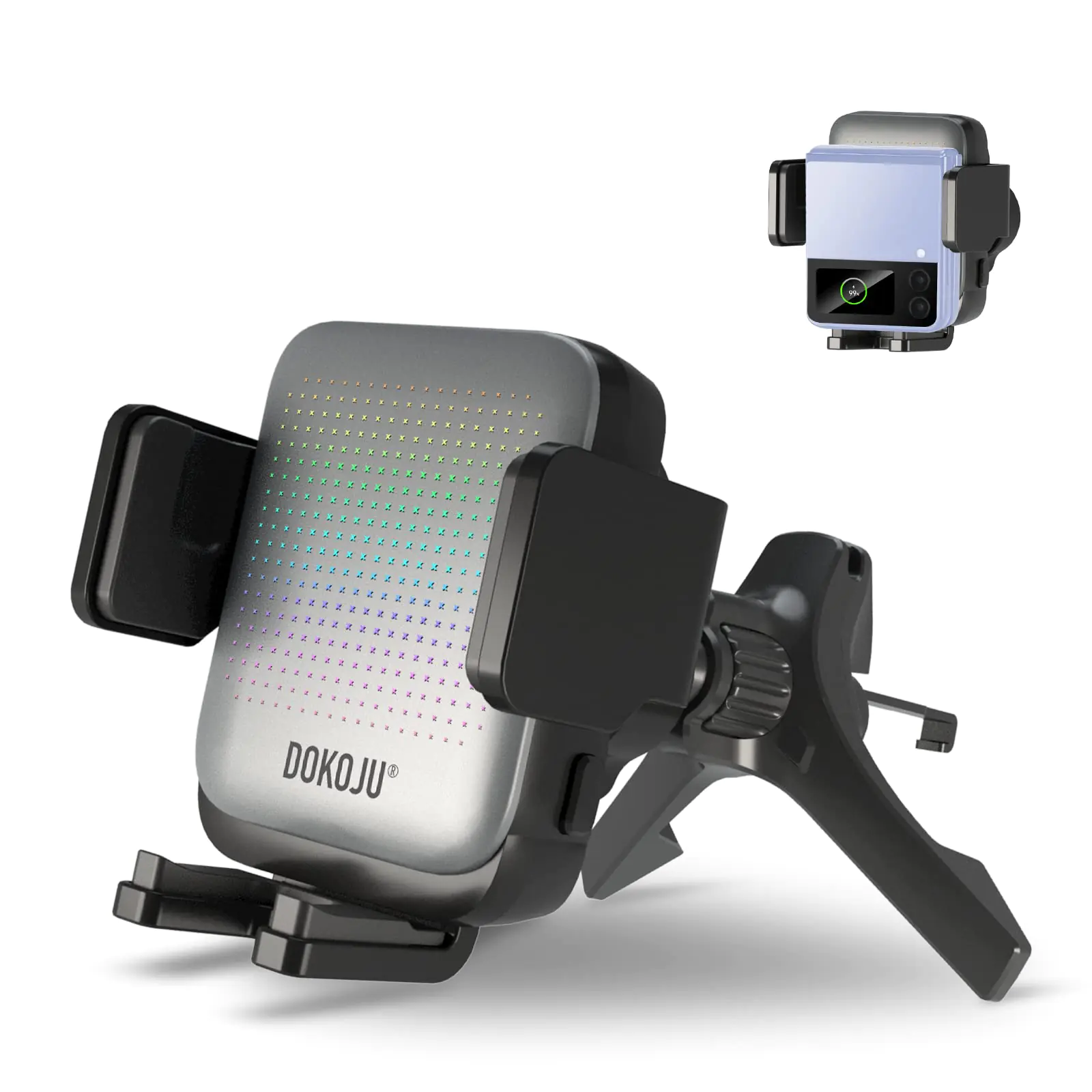 DOKOJU Mini Wireless Car Charger Mount Auto-Alignment[RGB Starlight] 15W Fast ChargingAir Vent Cell Phone Holder Mount for CarCompatible with Samsung Z Flip/Galaxy SeriesiPhone 15/14/13/12/11/X