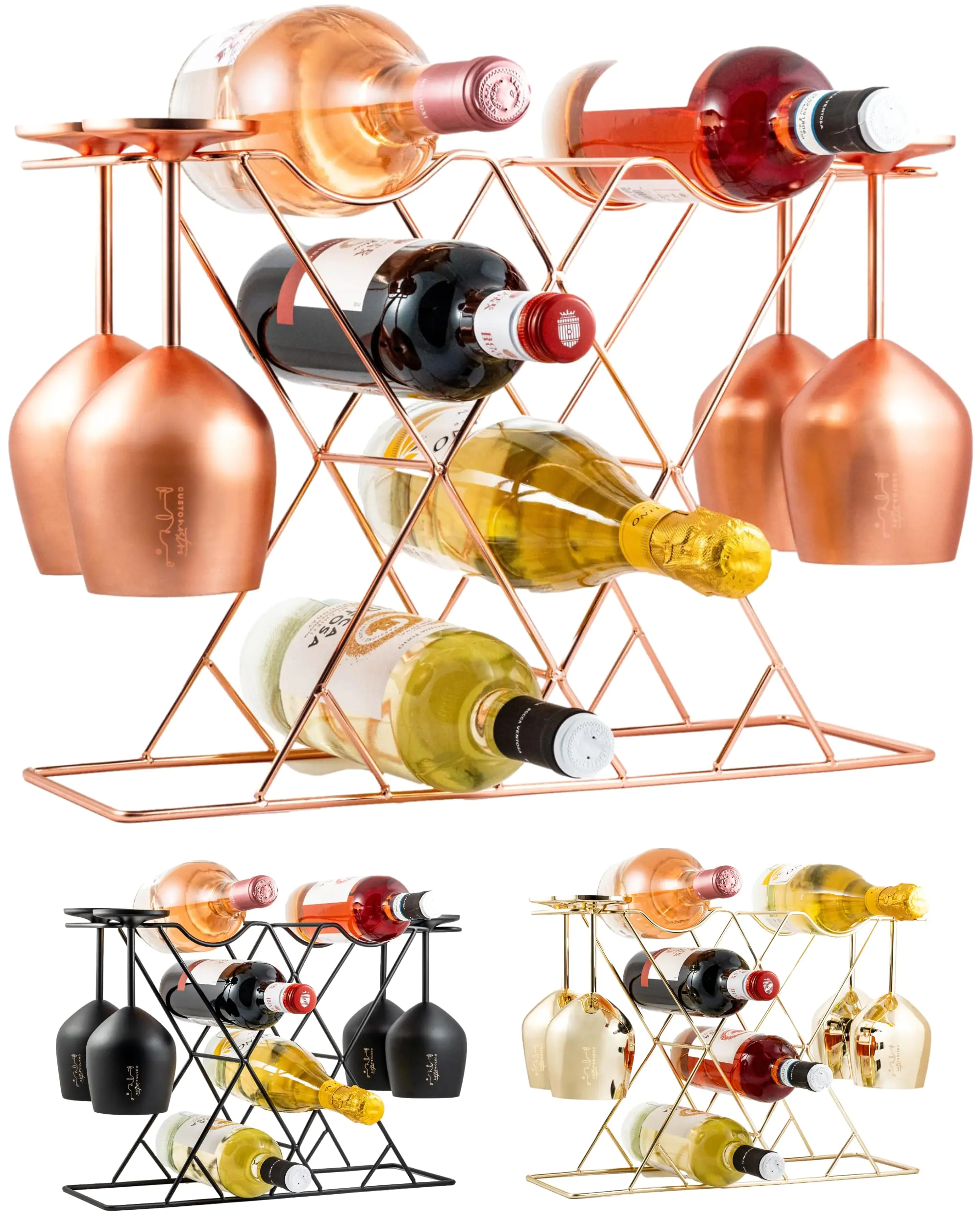 Gusto Nostro Countertop Wine Rack with Glass Holder for 8 Bottles & 4 Glasses Small Modern Tabletop Wine Rack - No Assembly Wine Holder Stand for Home Kitchen Cabinet Wine Cellar Storage (Rose Gold)