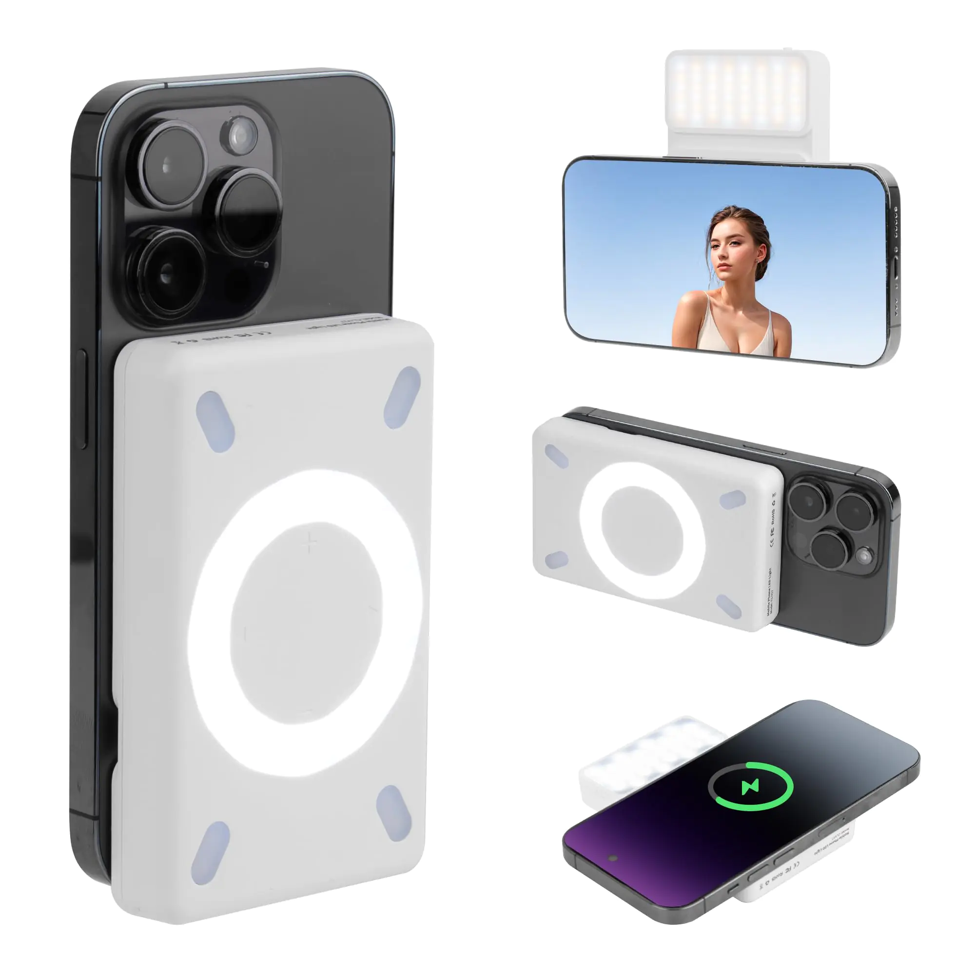 Rechargeable Magnetic Fill Lights Selfie Lights for iPhone 12 13 14 15 and 16 Series with MagSafe Charging 3000mAh Wireless Magnetic Power Bank