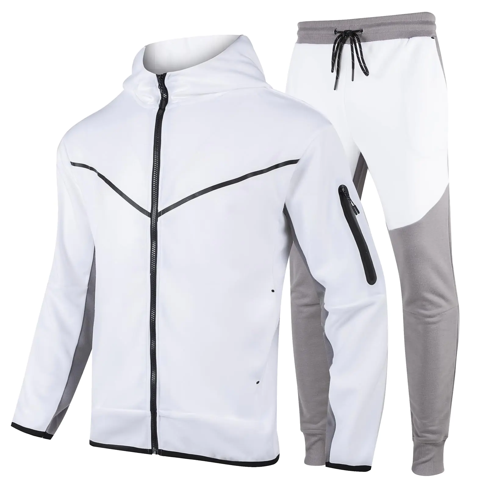 ANGELA BEBE Men's 2-Piece Hooded Tracksuit Set, Full-Zip Sweatsuit, White/Ash Gr