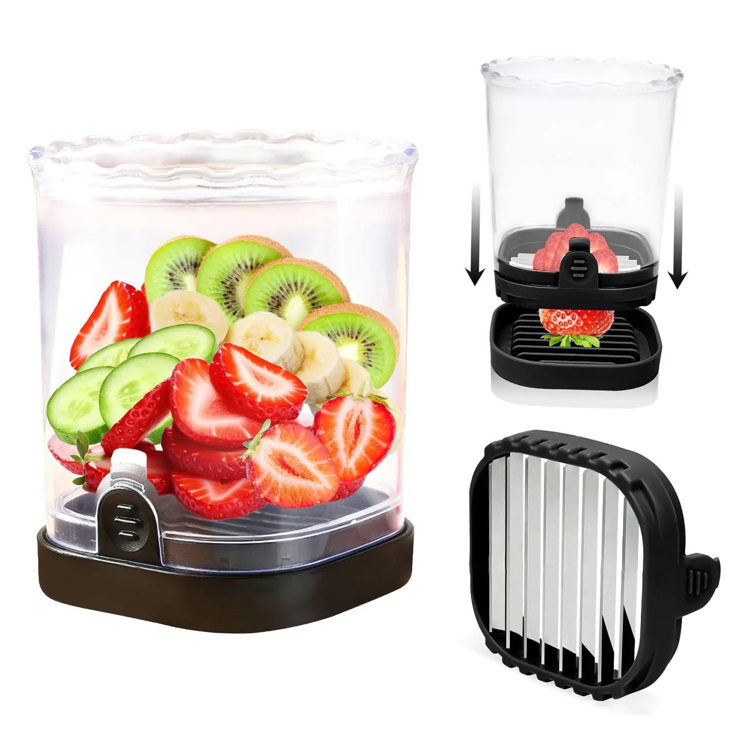 Detachable Fruit Slicer Cup with Push Plate &ndash; Strawberry, Banana & Egg Cutter, B