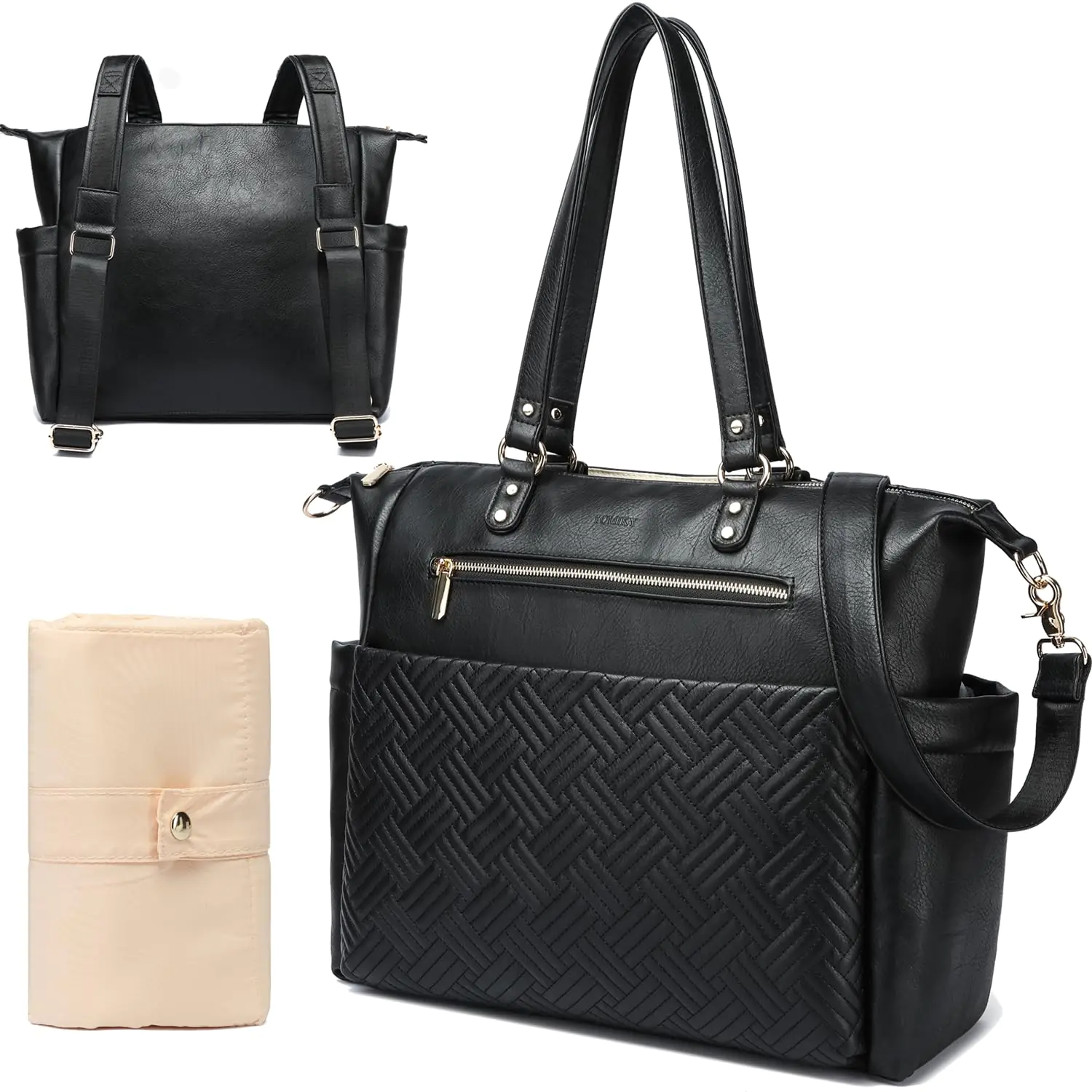 Large Leather Diaper Bag Tote Diaper Bag Leather Modern Travel Essential Diaper Bag Backpack with Changing Pad Laptop Compartment Multiple Pockets Black Diaper Bag Leather