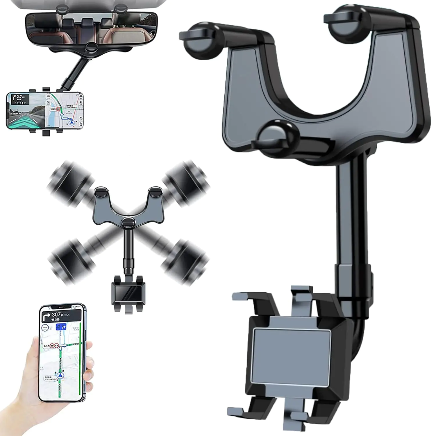 Elemenix Phone Holder 360 Rotatable and Retractable Car Phone Holder Fullofcarts Phone Holder 360&deg; Car Rearview Mirror Phone Holder for Car Mount Phone and Gps Holder Support Rotating Adjustable