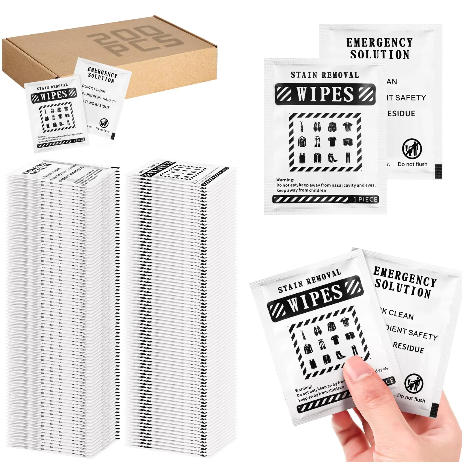 Timgle 200 Pcs Stain Remover Wipes Individual Wrapped Wipes Stain Remover Mini Stain Remover Wipes for Clothes Fabric Laundry Stain Carpet Messy Eater Car Seat Upholster (Black)