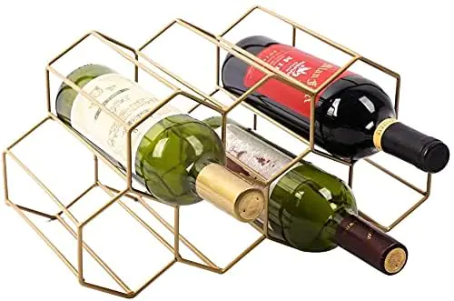 Urban Deco Small Gold Wine Rack 9 Bottle Holder Countertop - No Need Assembly Modern Metal Wire Wine Storage for Counter Top Table Top Coffee Bar Kitchen