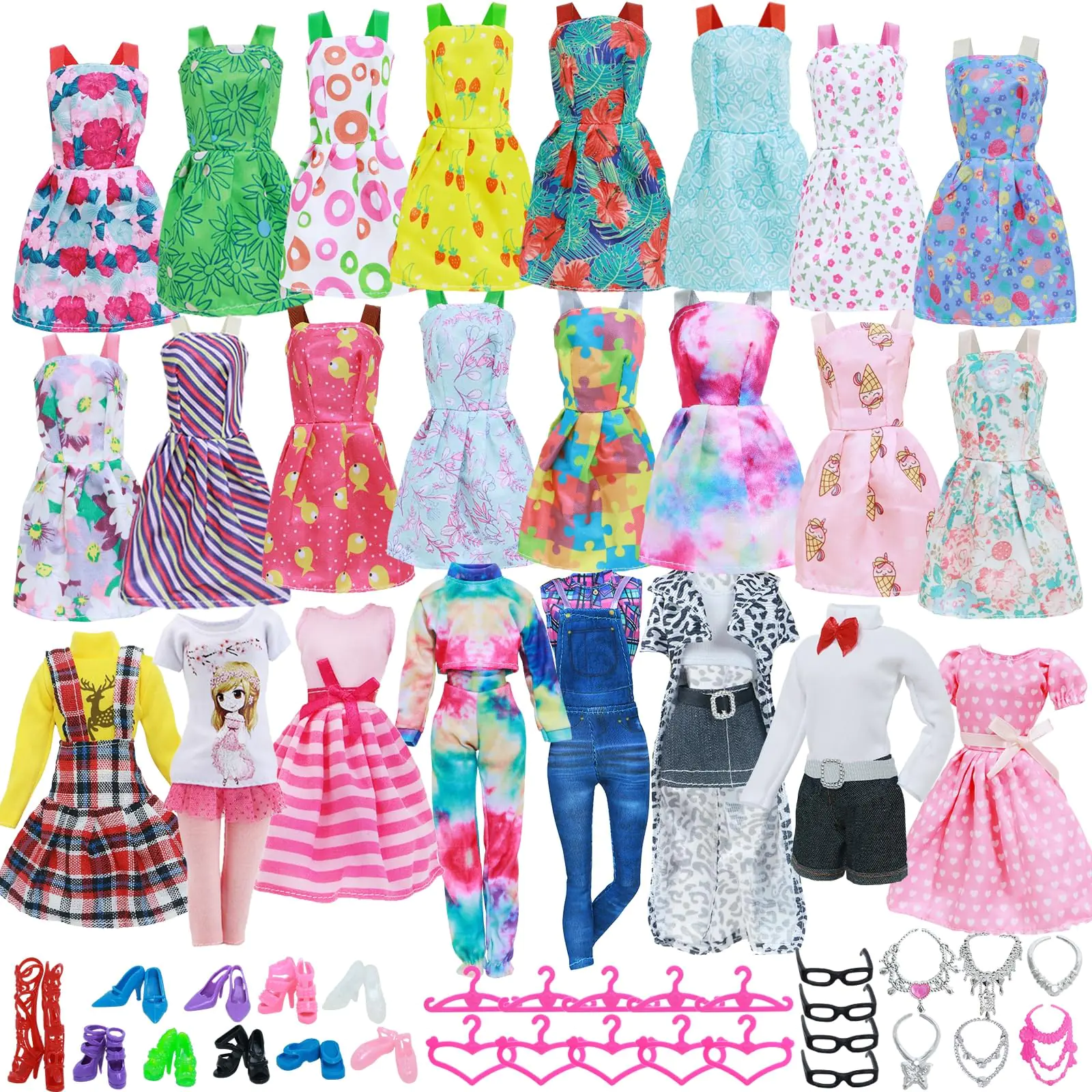 43Pcs Doll Clothes and Accessories Pack Including 10 Mini Dresses 3 Handmade Fashion Clothing Outfits Sets 10 Shoes 20 Cute Doll Accessories for 11.5 inch Girl Doll