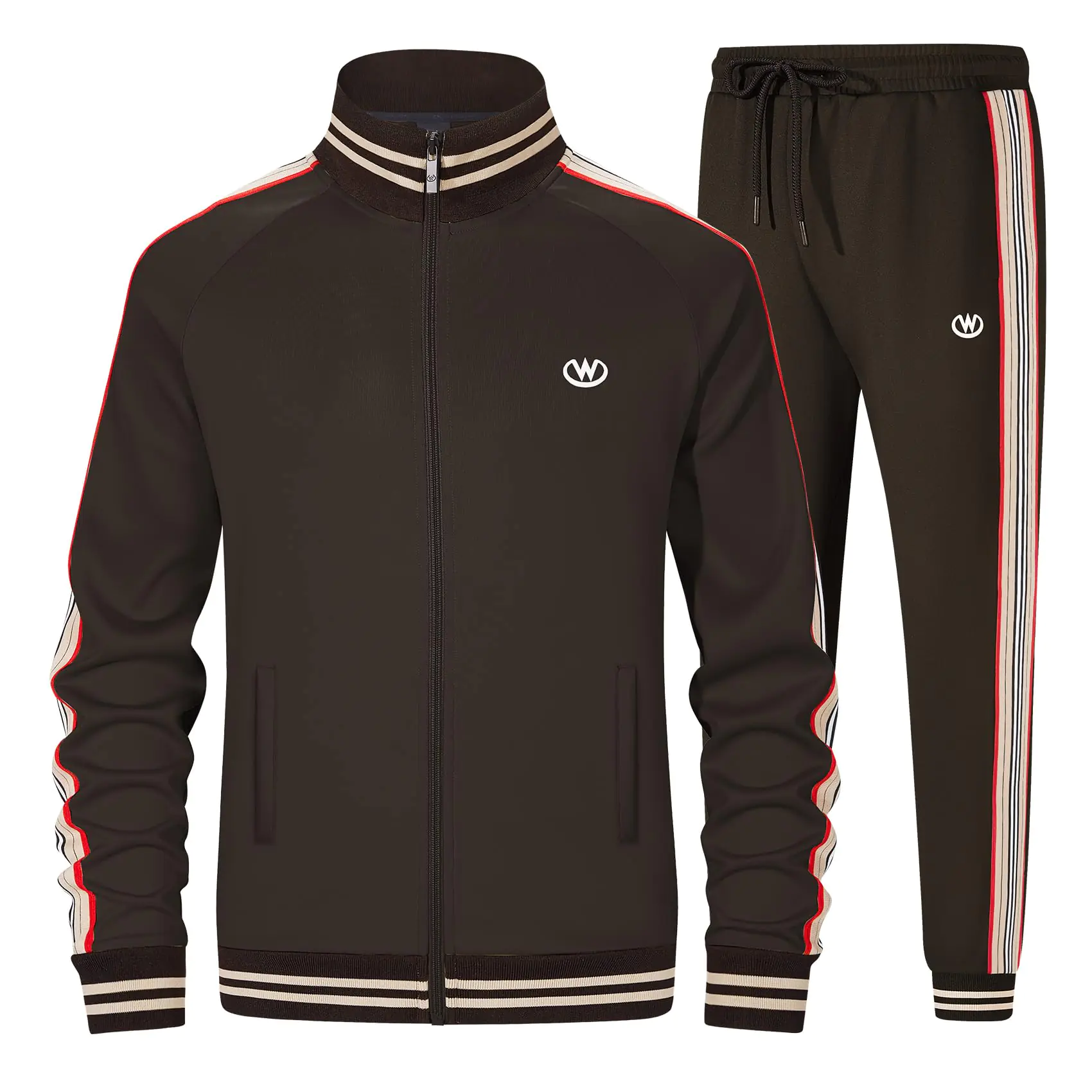 W JIANWANG Men's 2-Piece Tracksuit Set – Jogging Sweatsuit, Brown