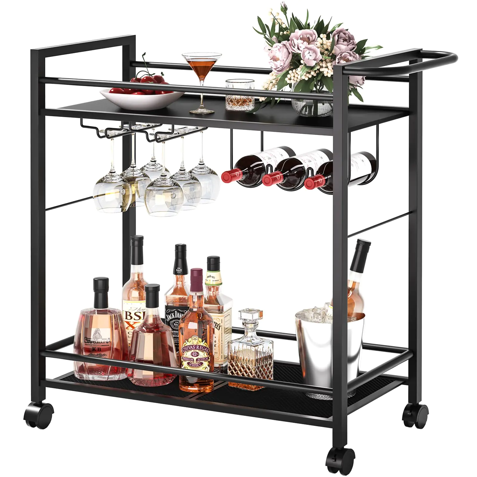 Joaxswe Bar CartHome Bar Serving Cart with Storage Shelves 2 Tier Rolling Beverage Cart with Wheels Modern Wine Cart with Wine Rack and Glass Holder for Kitchen Living RoomDinning RoomBlack
