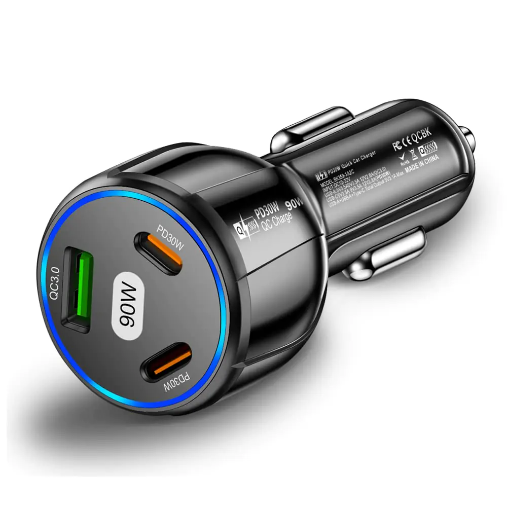 Sewvstr 3-Port Car Charger Adapter 90W PD &QC3.0 Fast Charging Car