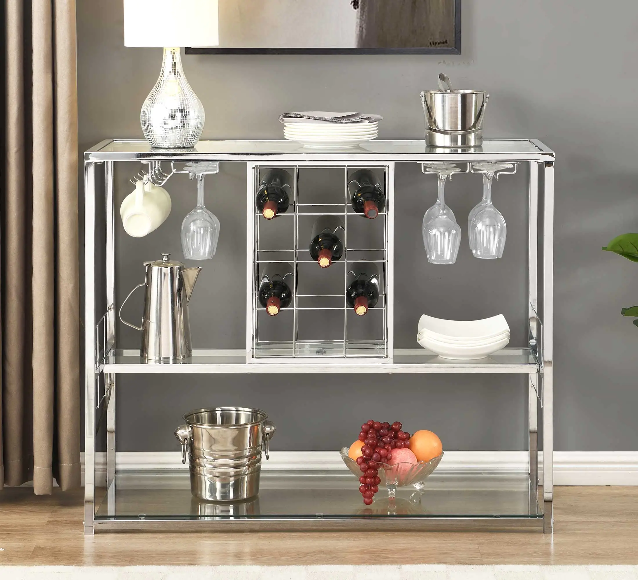 ASYA Wine Rack Table with Glass Holder 3-Tier with Temered Glass Shelves Modern Liquor Cabinet with Storage for Wine Bar Living Room Kitchen and Dining Room (Silver Finish)