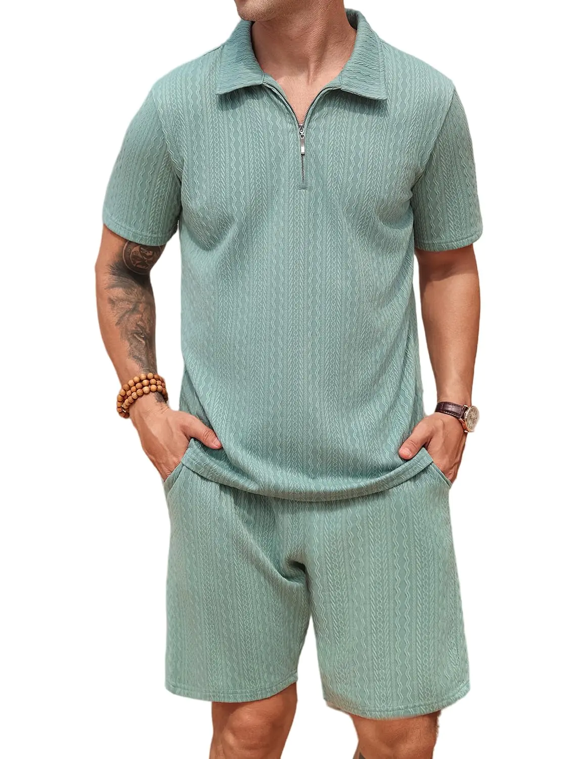 SPKPKEY Men's 2-Piece Polo Shirt and Shorts Set Casual Tracksuit Green Medium