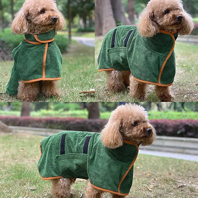 Dog being wrapped in a Pawbe robe after a bath