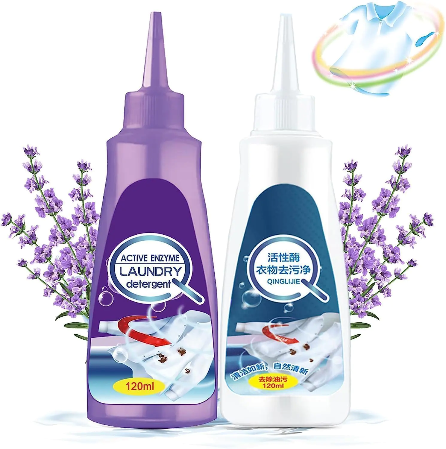 2023 New Fast Stain Remover Laundry Stain Remover 120ML Active Enzyme Clothing Stain Remover Active Enzymatic Laundry Cleaning Stubborn Stains CleanerClothes Oil Stain Remover (White+Purple)