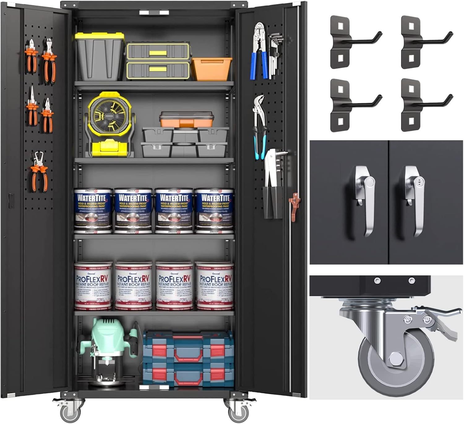 Lockable Garage Storage Cabinet with Pegboard Doors