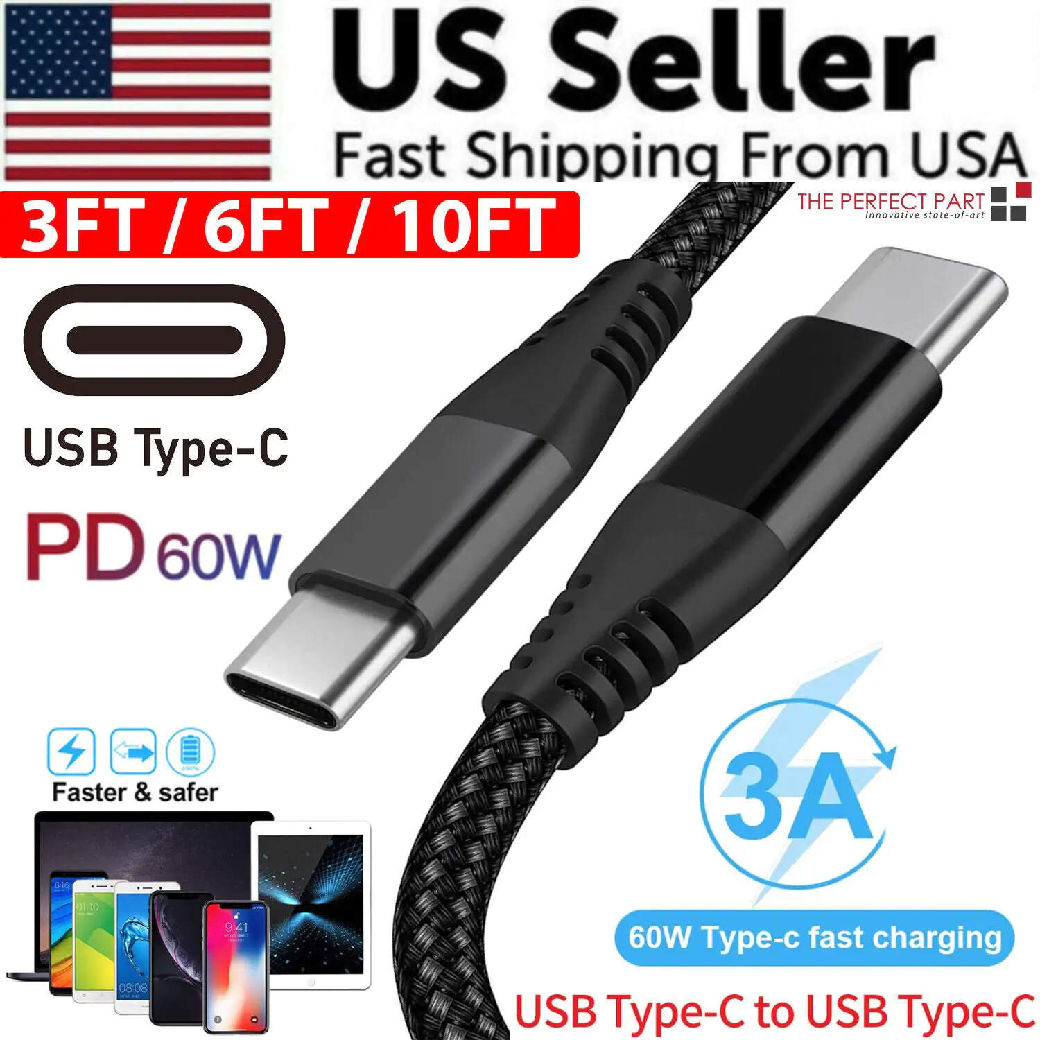 USB-C to USB-C Cable Male Type-C Cable Cord Fast Charger Charging