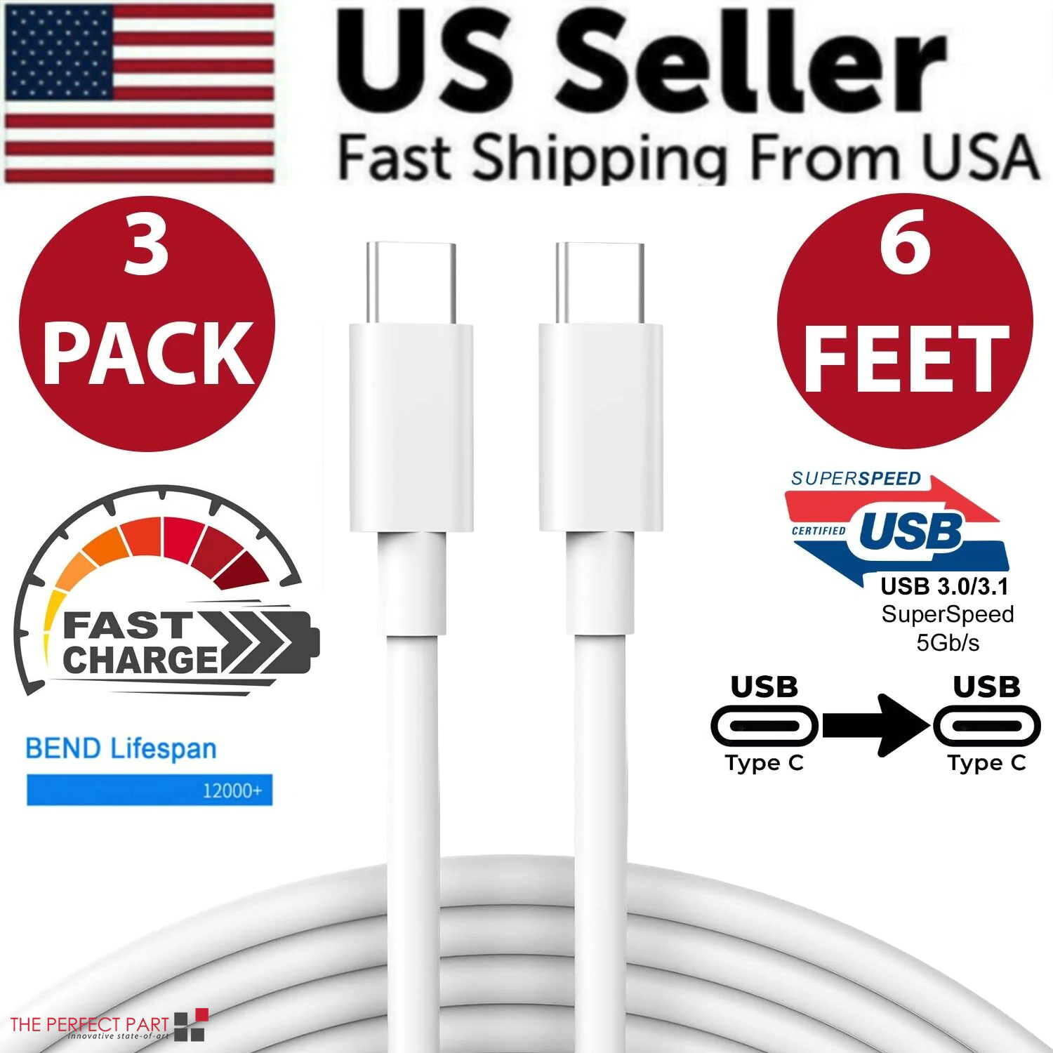 3 Pack 6FT USB-C to USB-C Cable Fast Charge Type C Charging Cord